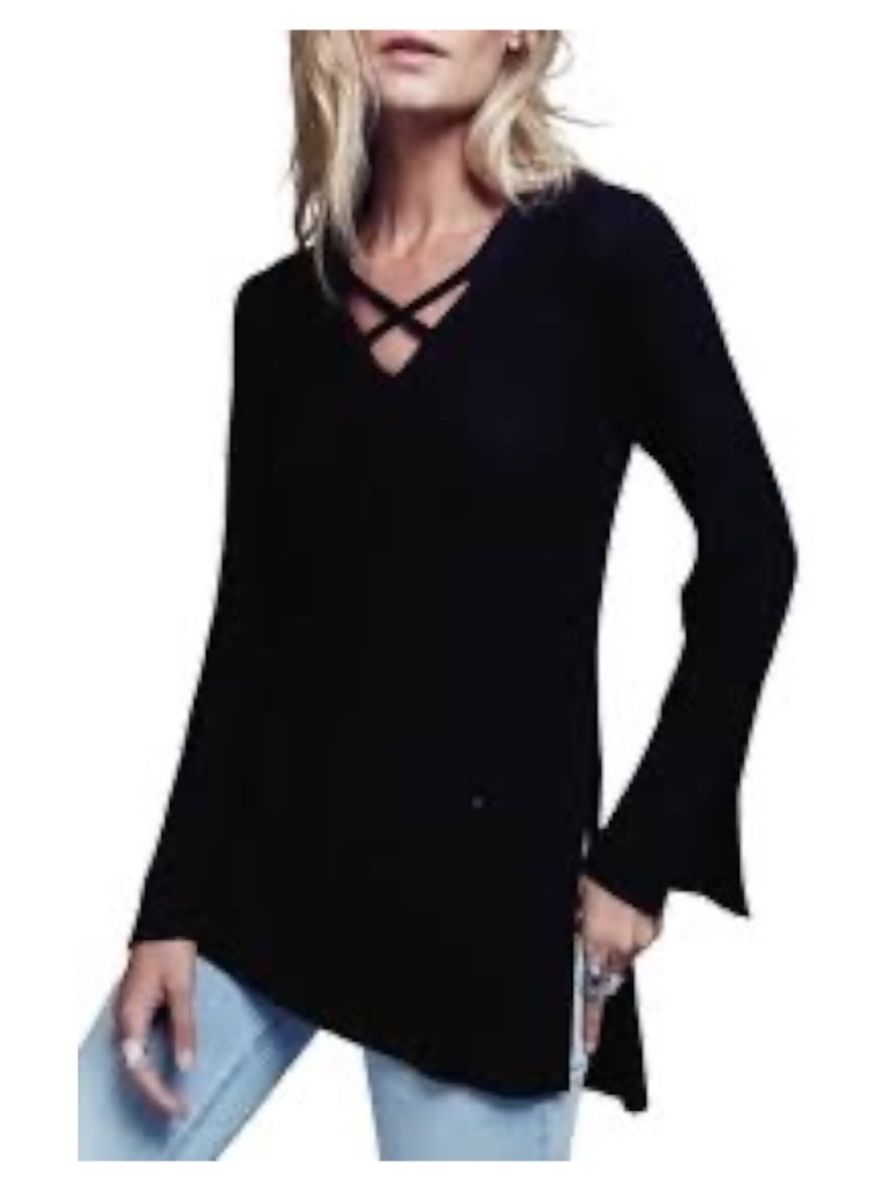 FREE PEOPLE Criss Cross Tunic Sweater M Criss Cross Neckline Detail Black VGUC